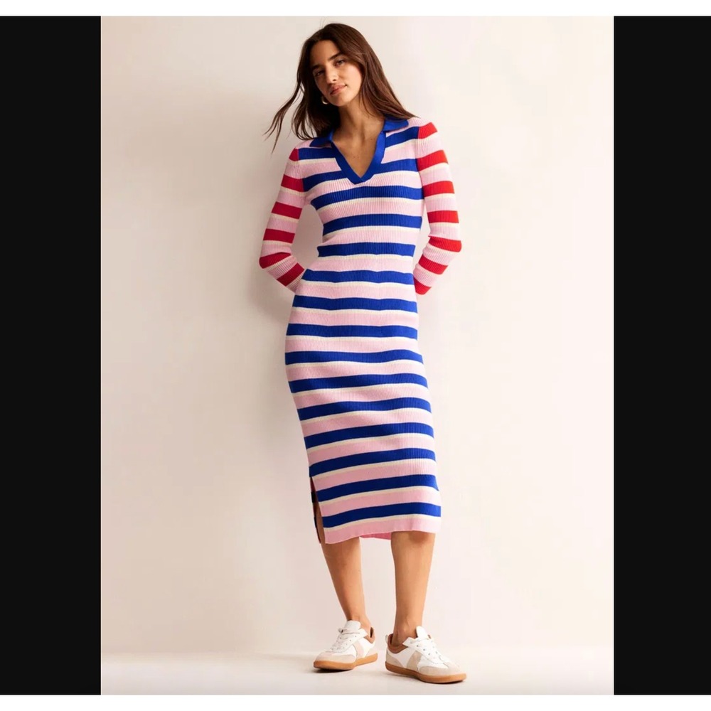 Boden Sz 8 Sweater Dress Blue Pink Striped Contrast Ribbed Midi Preppy READ